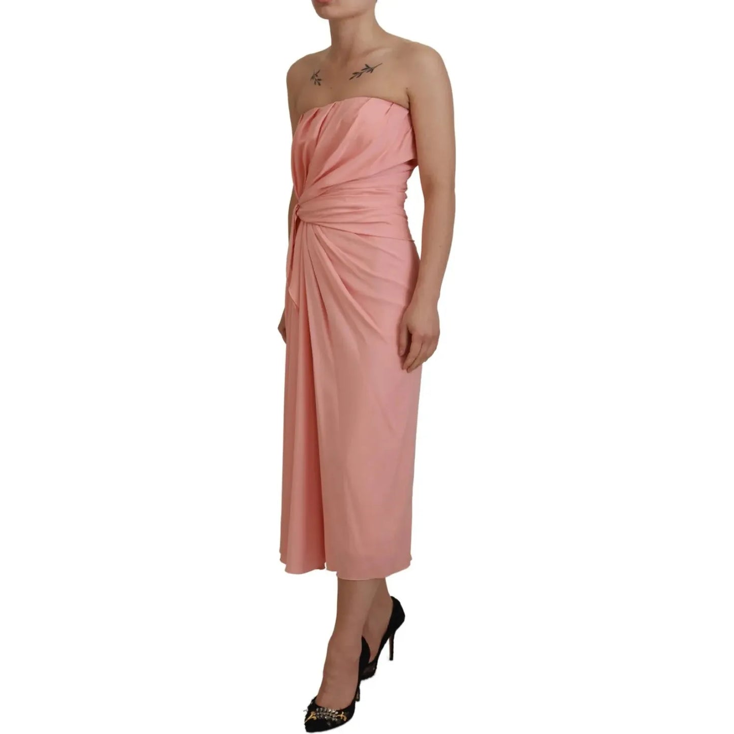 Pink Silk Stretch Strapless Sheath Midi Dress