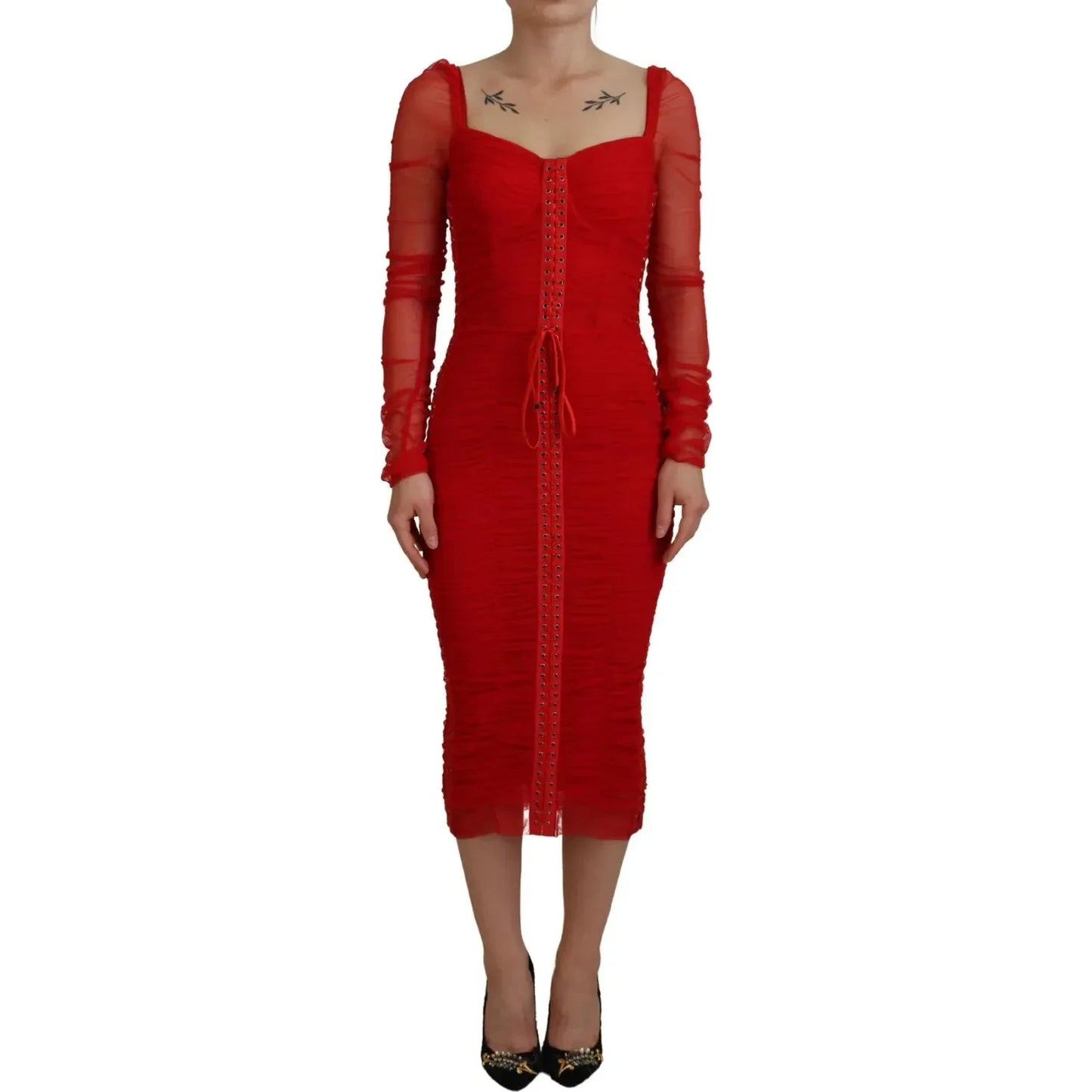 Red Mesh Trim Bodycon Sheath Midi Dress