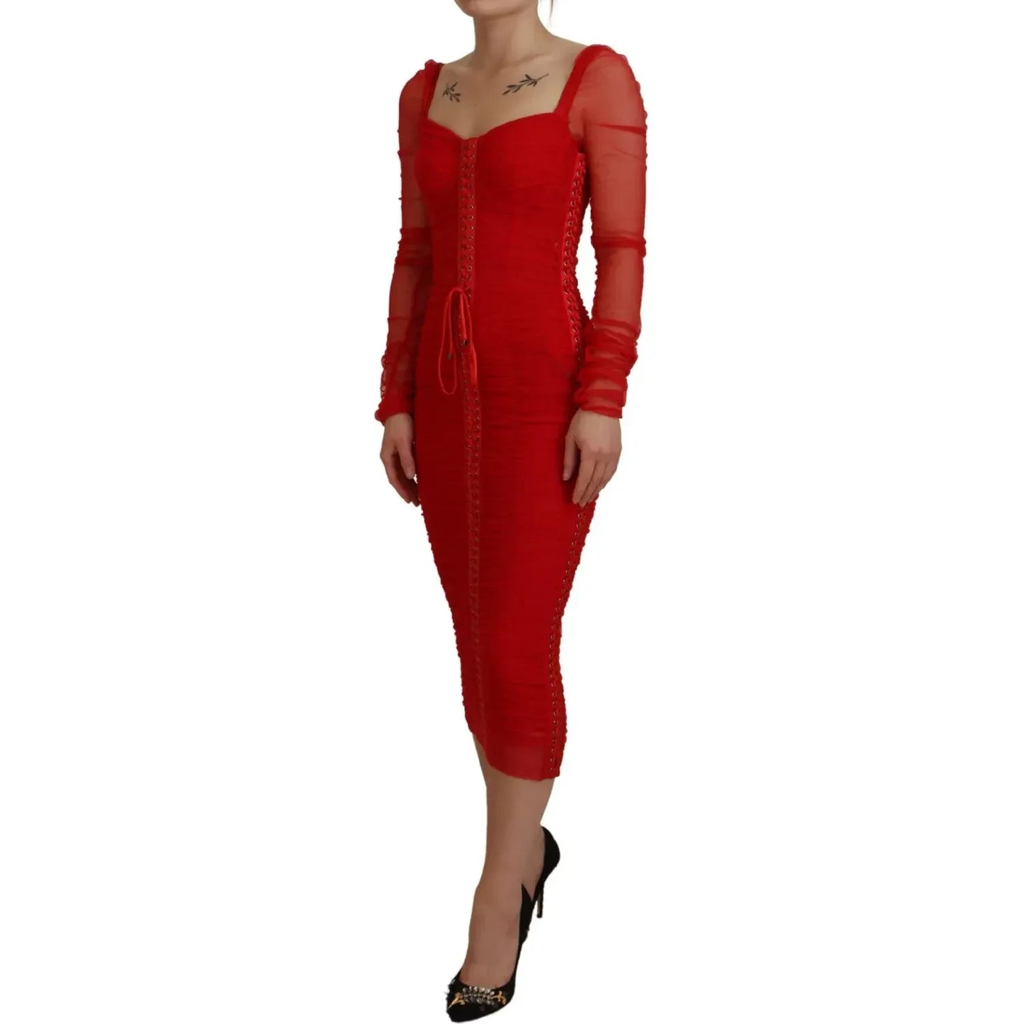 Red Mesh Trim Bodycon Sheath Midi Dress