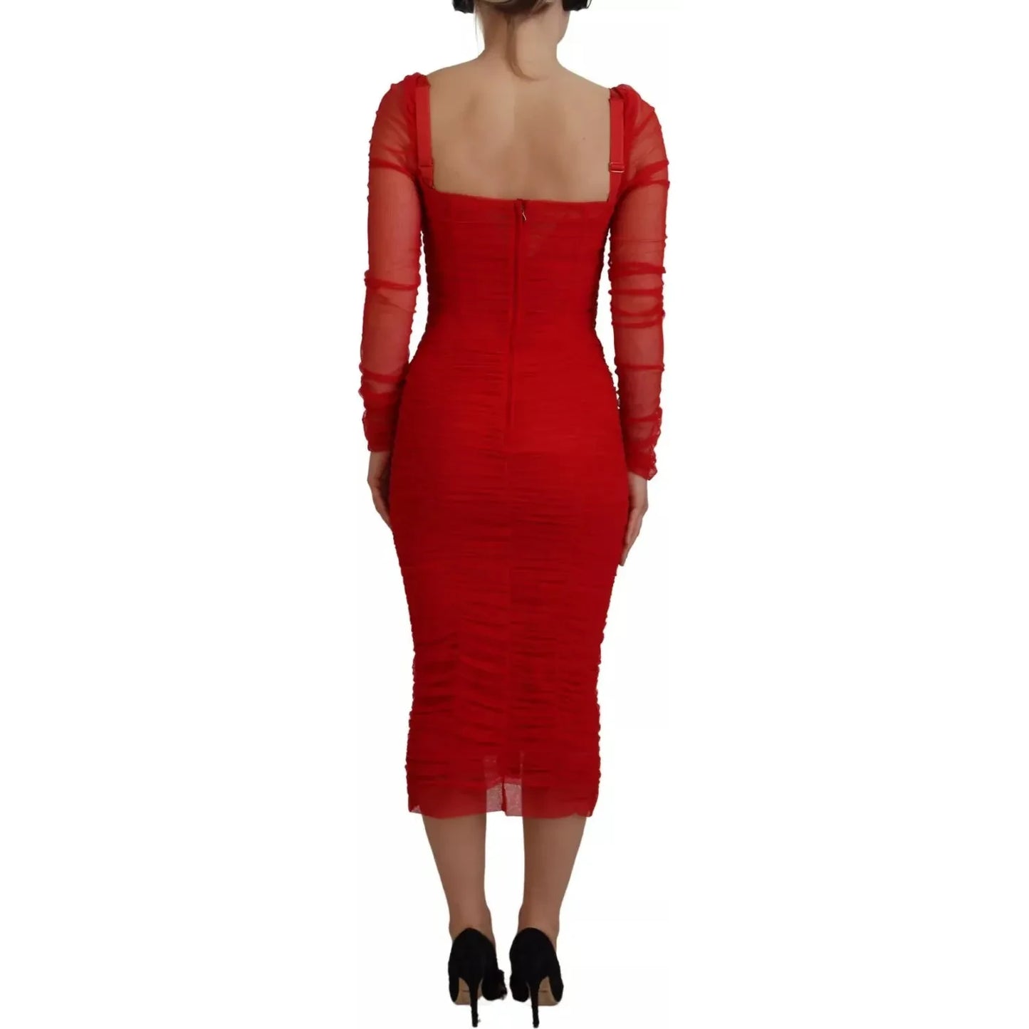 Red Mesh Trim Bodycon Sheath Midi Dress