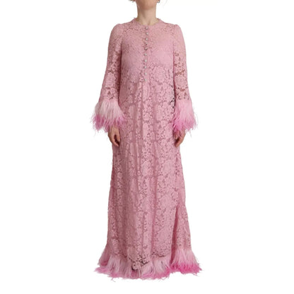 Dolce & Gabbana Shift Lilac Lace Feathers Long Sleeves Dress Dolce & Gabbana