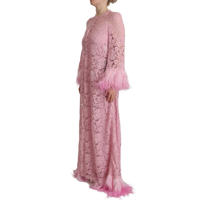 Dolce & Gabbana Shift Lilac Lace Feathers Long Sleeves Dress Dolce & Gabbana