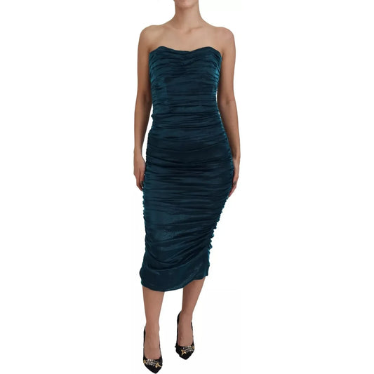 Silk Blend Blue Satin Fitted Strapless Dress