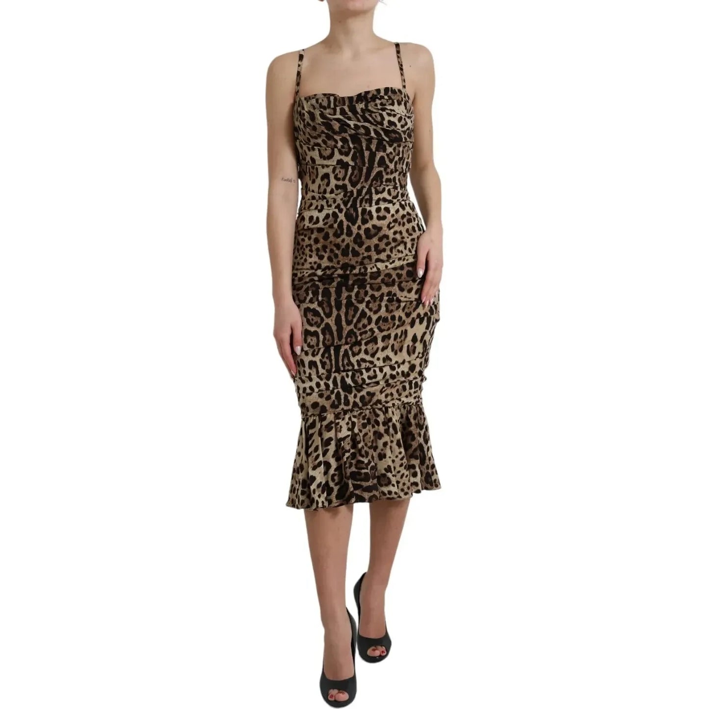 Silk Brown Leopard Print Ruched Midi Dress