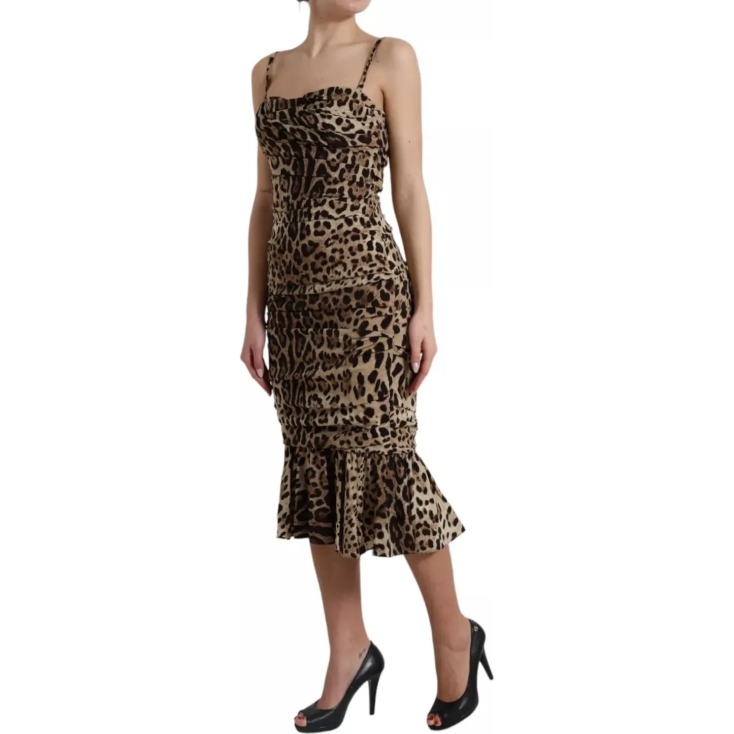 Silk Brown Leopard Print Ruched Midi Dress