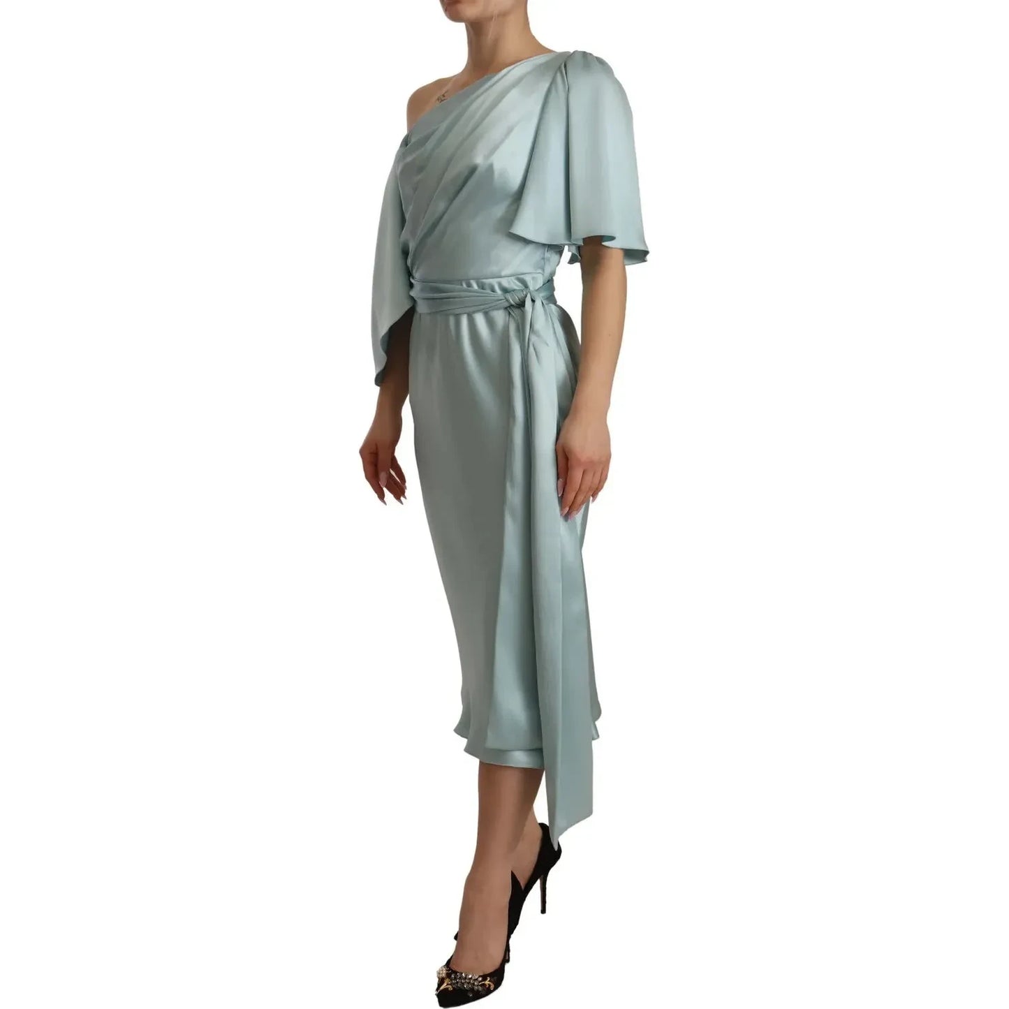 Silk Mint Green Fit Cut One Shoulder Midi Dress