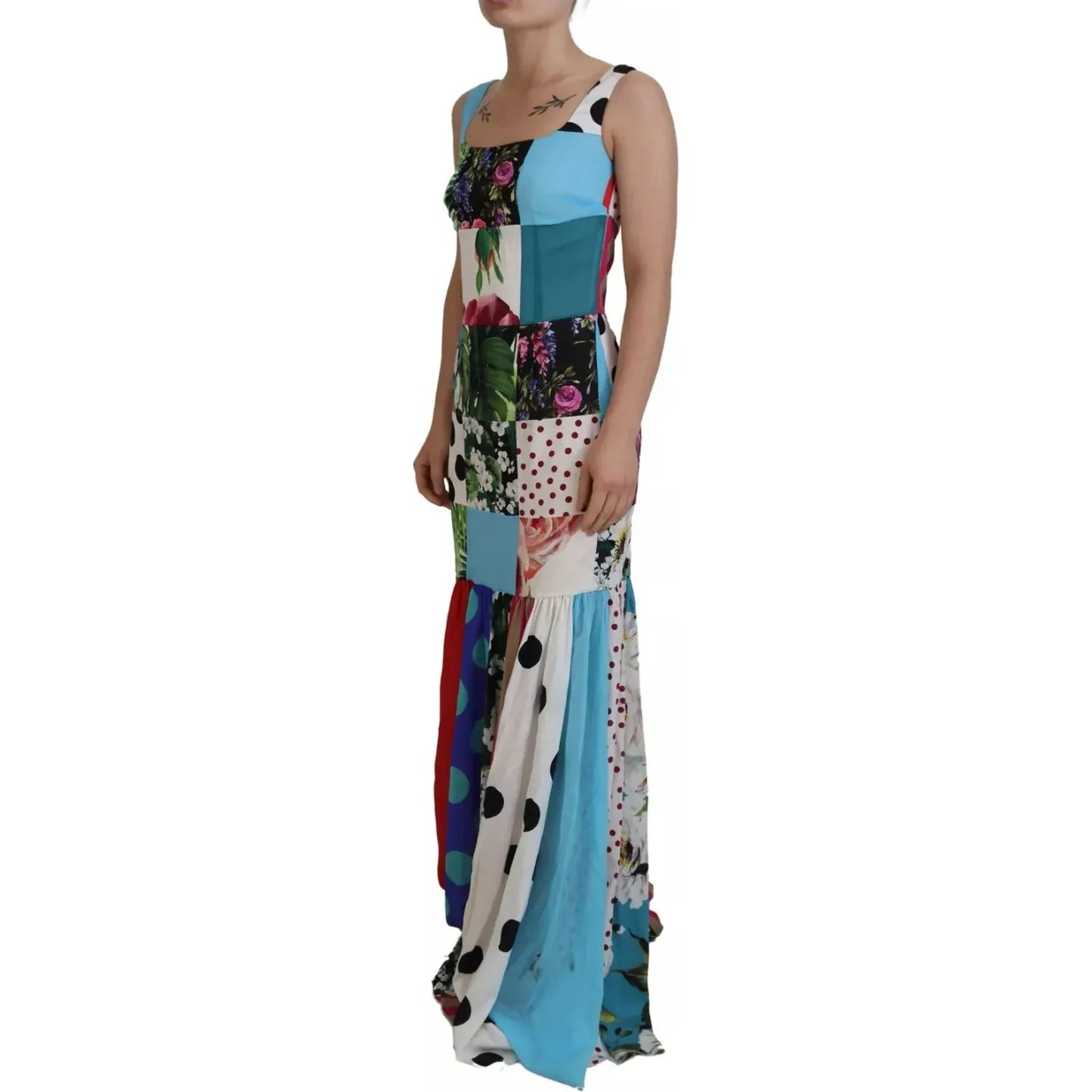 Silk Multicolor Patchwork Sheath Maxi Dress