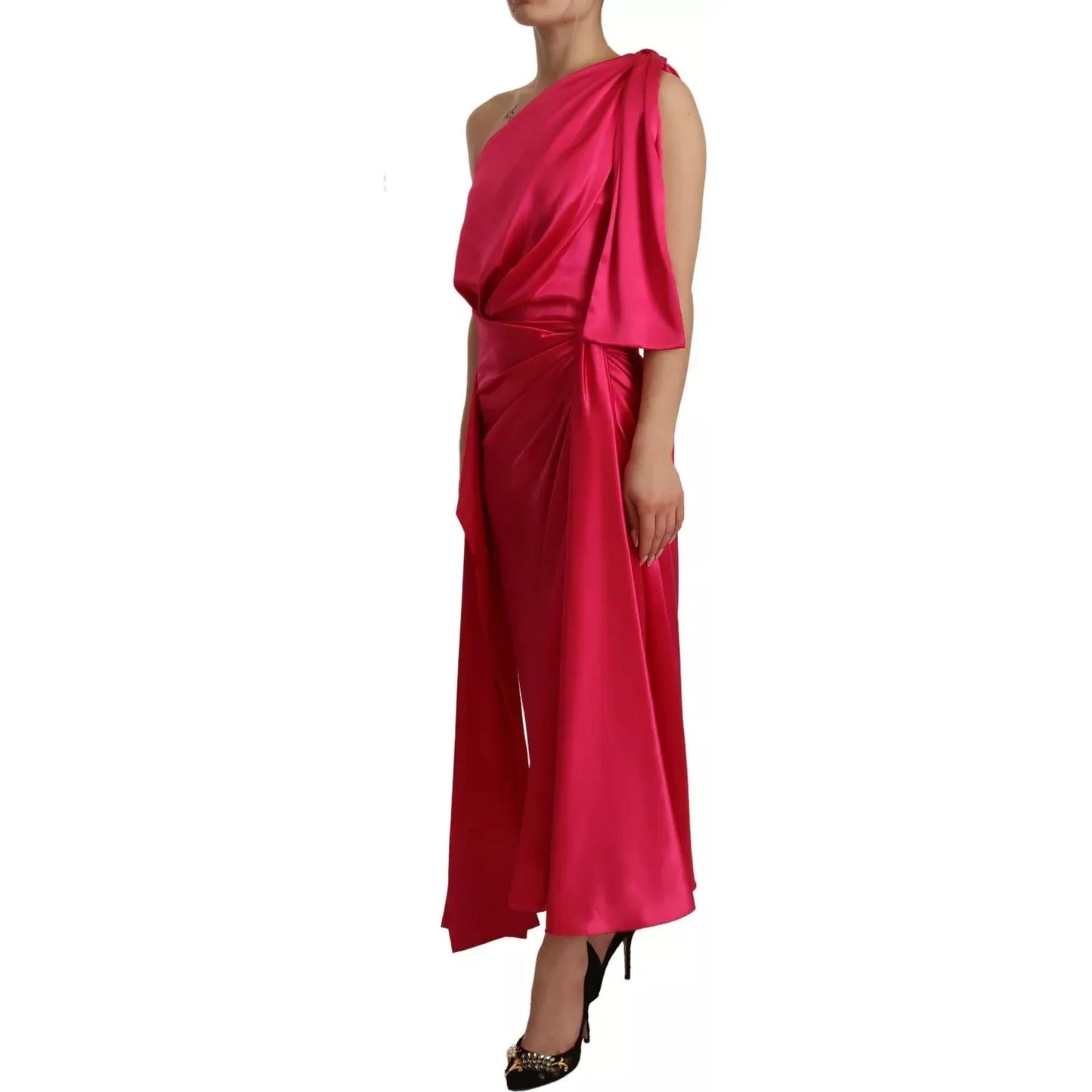 Silk Pink Fitted Cut One Shoulder Midi Dress