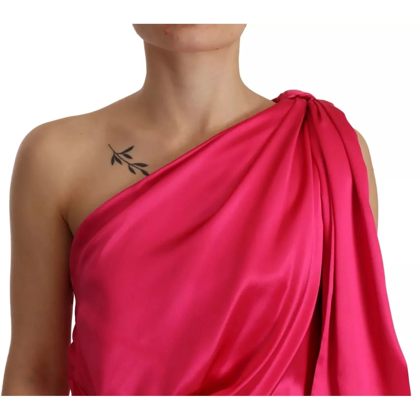 Silk Pink Fitted Cut One Shoulder Midi Dress