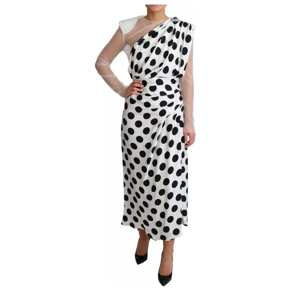 White Polka Dots Crystal One Shoulder Dress