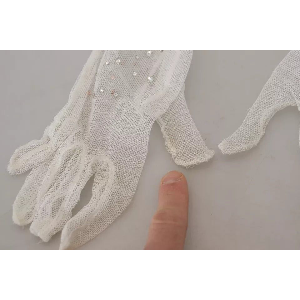 White Crystal Elbow Length Cotton Tulle Gloves