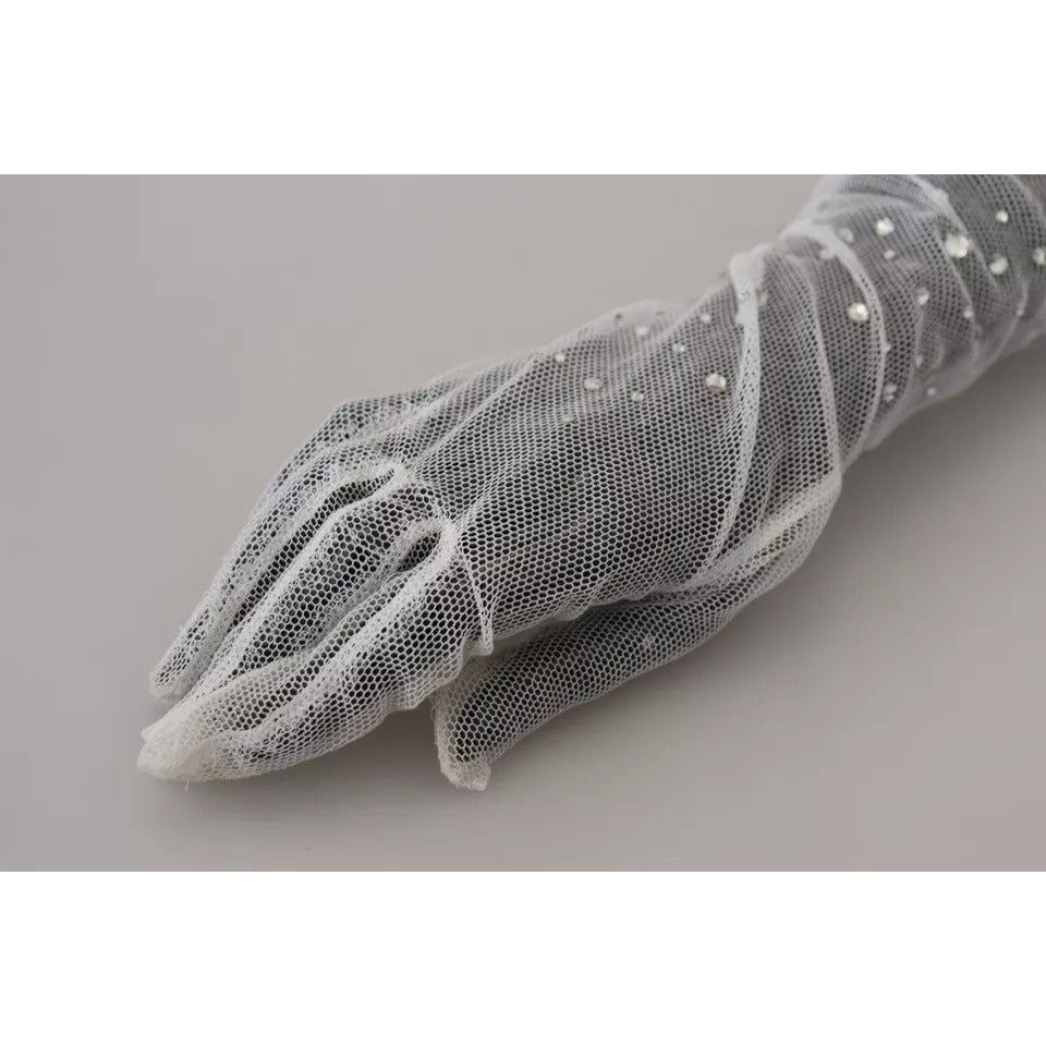 White Crystal Elbow Length Cotton Tulle Gloves