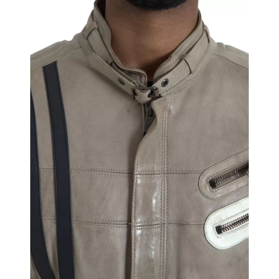 Beige Leather Full Zip Biker Coat Jacket