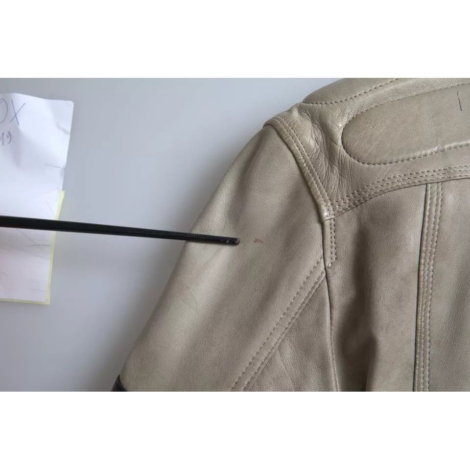 Beige Leather Full Zip Biker Coat Jacket