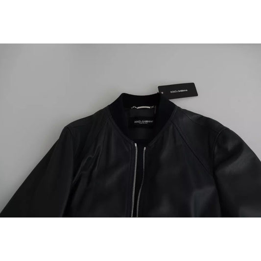 Black Leather Full Zip Men Bomber Jacket