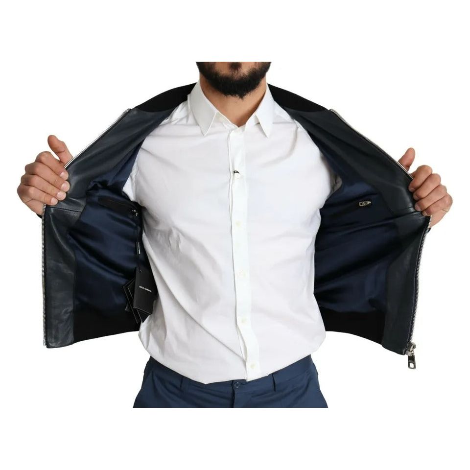 Black Leather Full Zip Men Bomber Jacket