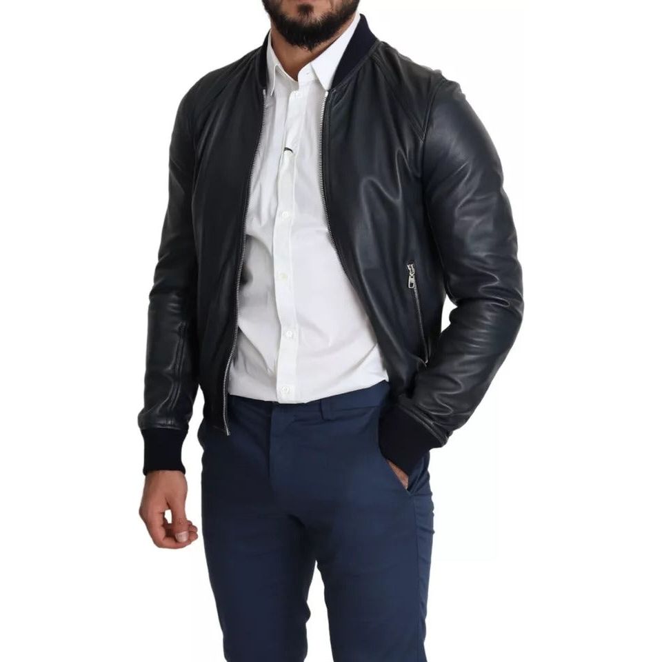 Black Leather Full Zip Men Bomber Jacket