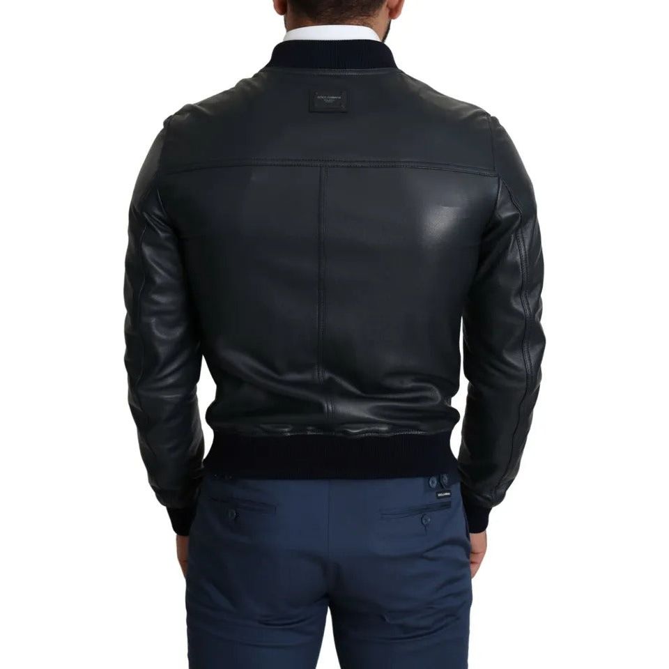 Black Leather Full Zip Men Bomber Jacket