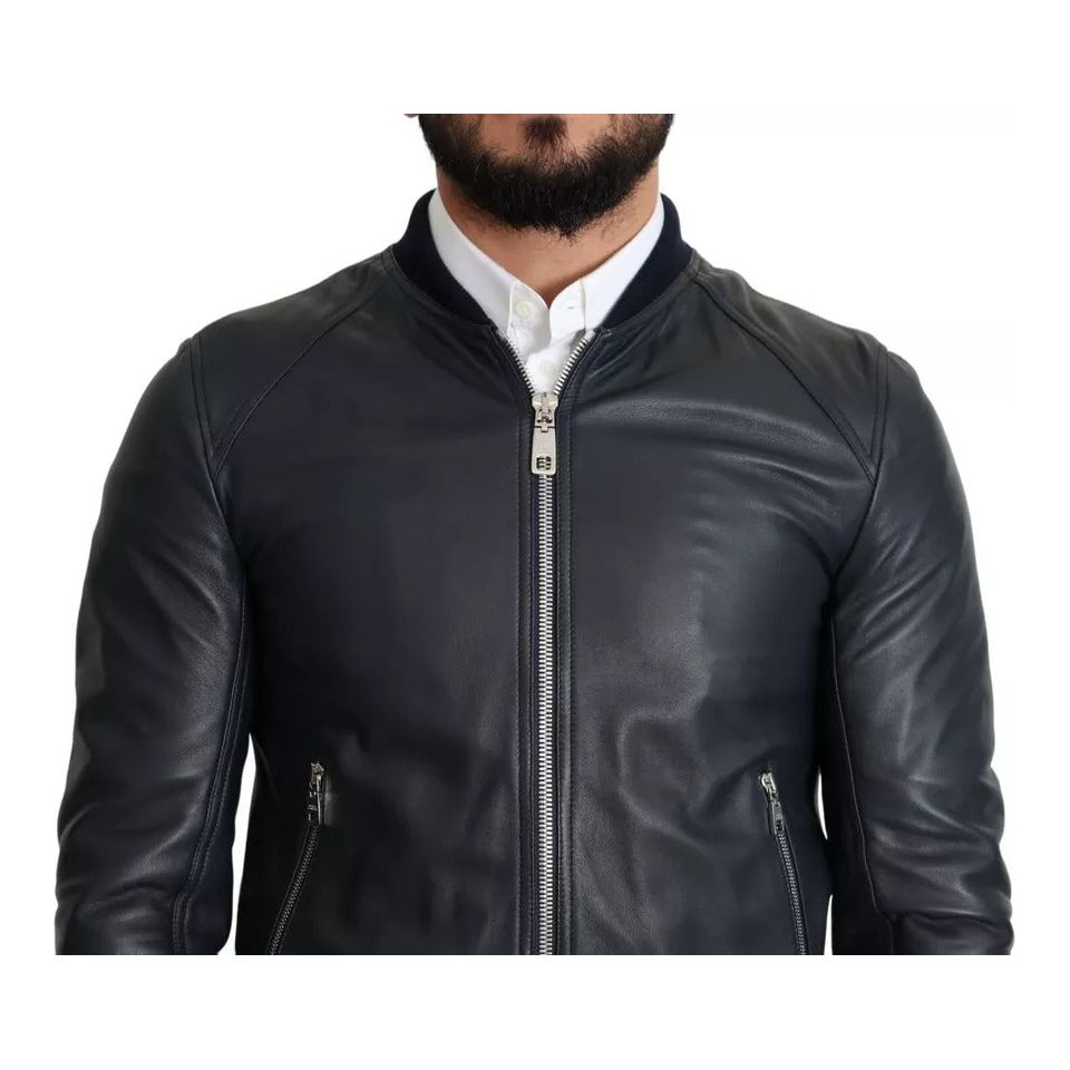 Black Leather Full Zip Men Bomber Jacket