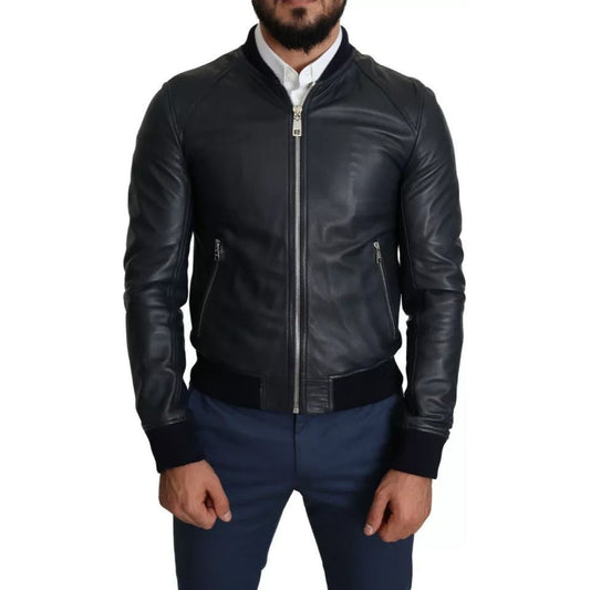 Black Leather Full Zip Men Bomber Jacket