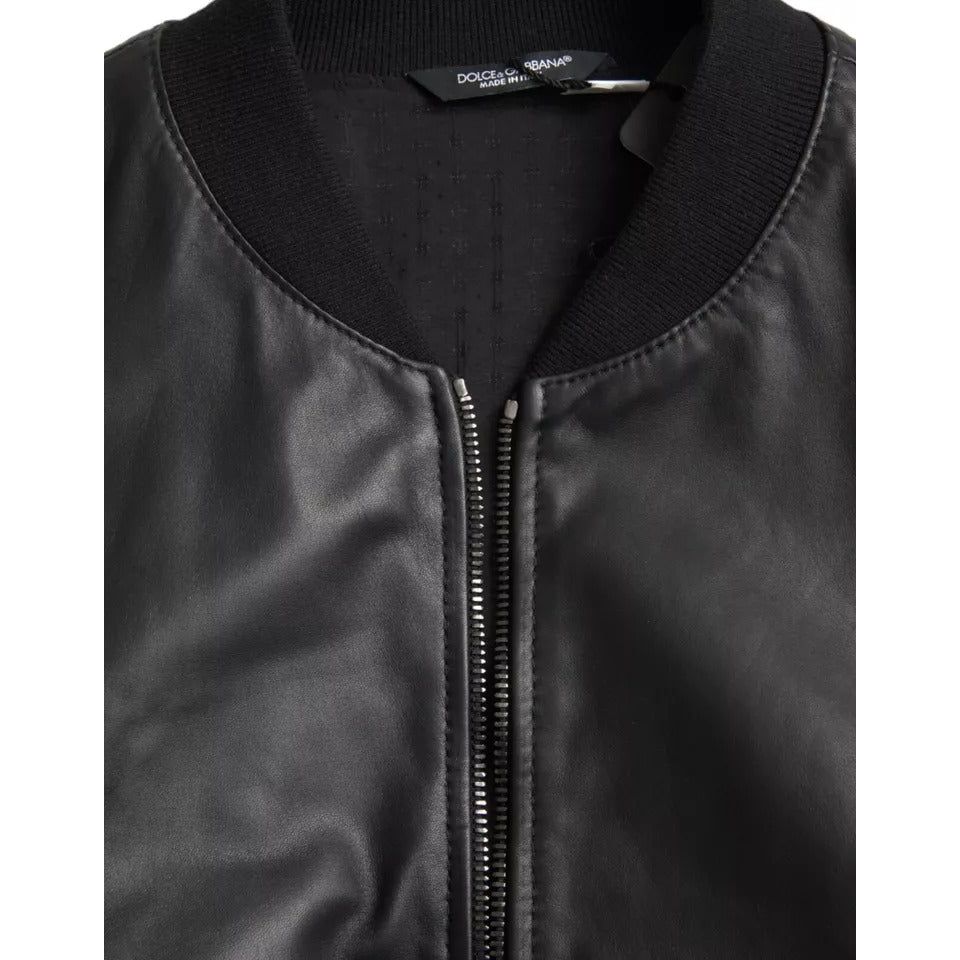 Black Bomber Leather Full Zip Biker Blouson Jacket