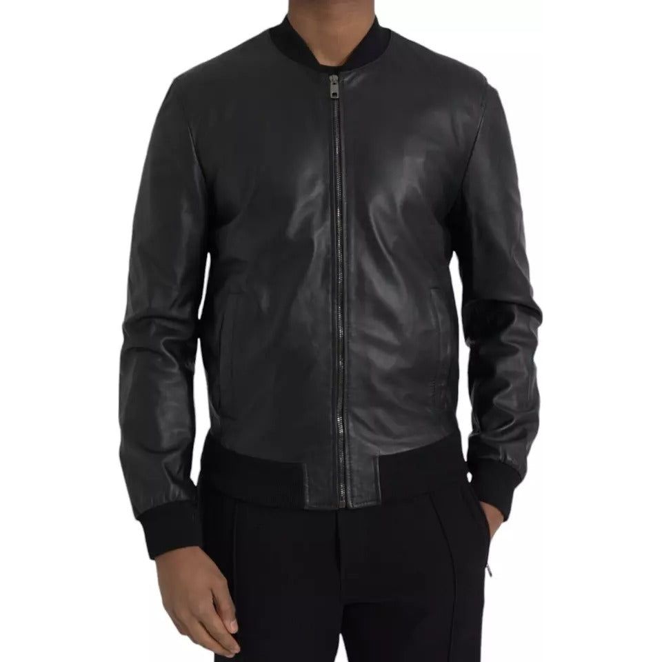 Black Bomber Leather Full Zip Biker Blouson Jacket