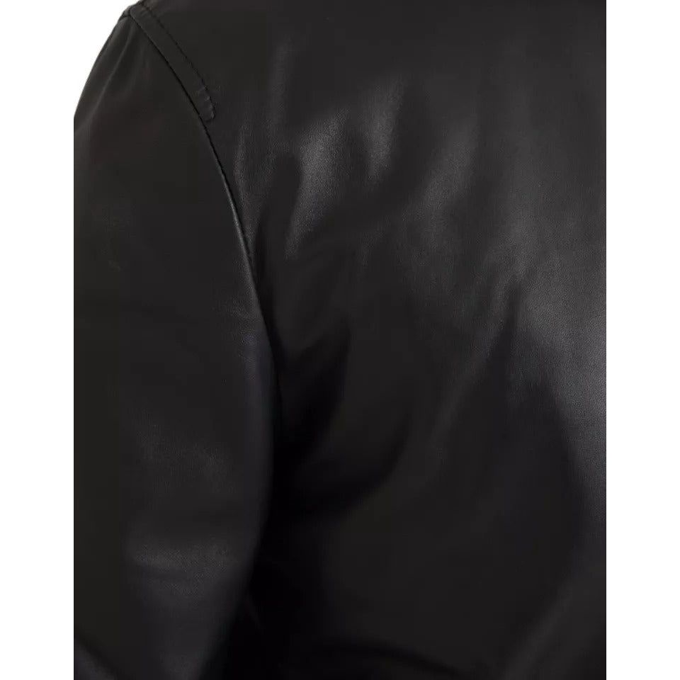 Black Bomber Leather Full Zip Biker Blouson Jacket