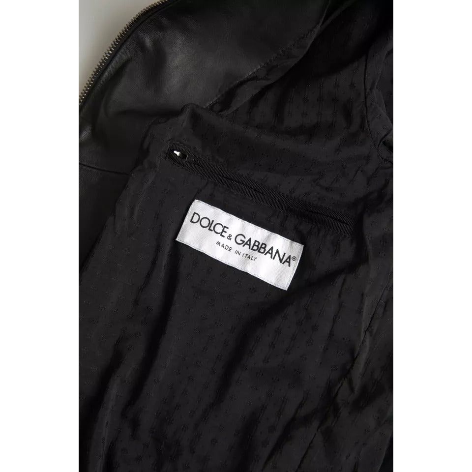 Black Bomber Leather Full Zip Biker Blouson Jacket