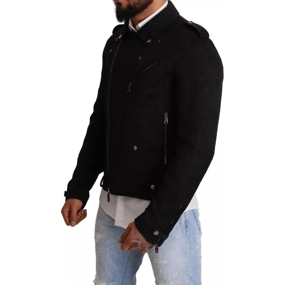 Black Brocade Full Zip Biker Coat Jacket