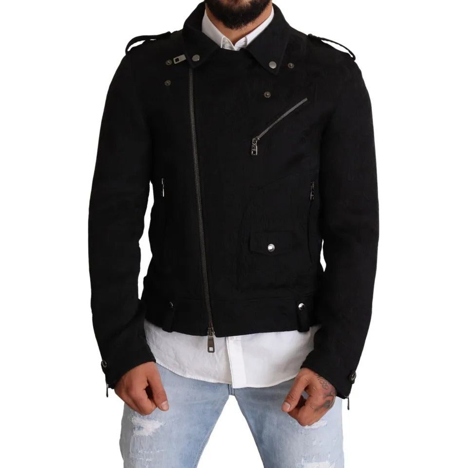 Black Brocade Full Zip Biker Coat Jacket