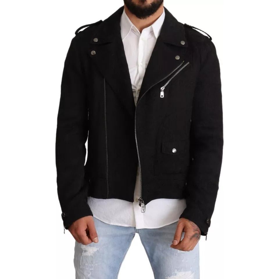 Black Brocade Full Zip Biker Coat Jacket