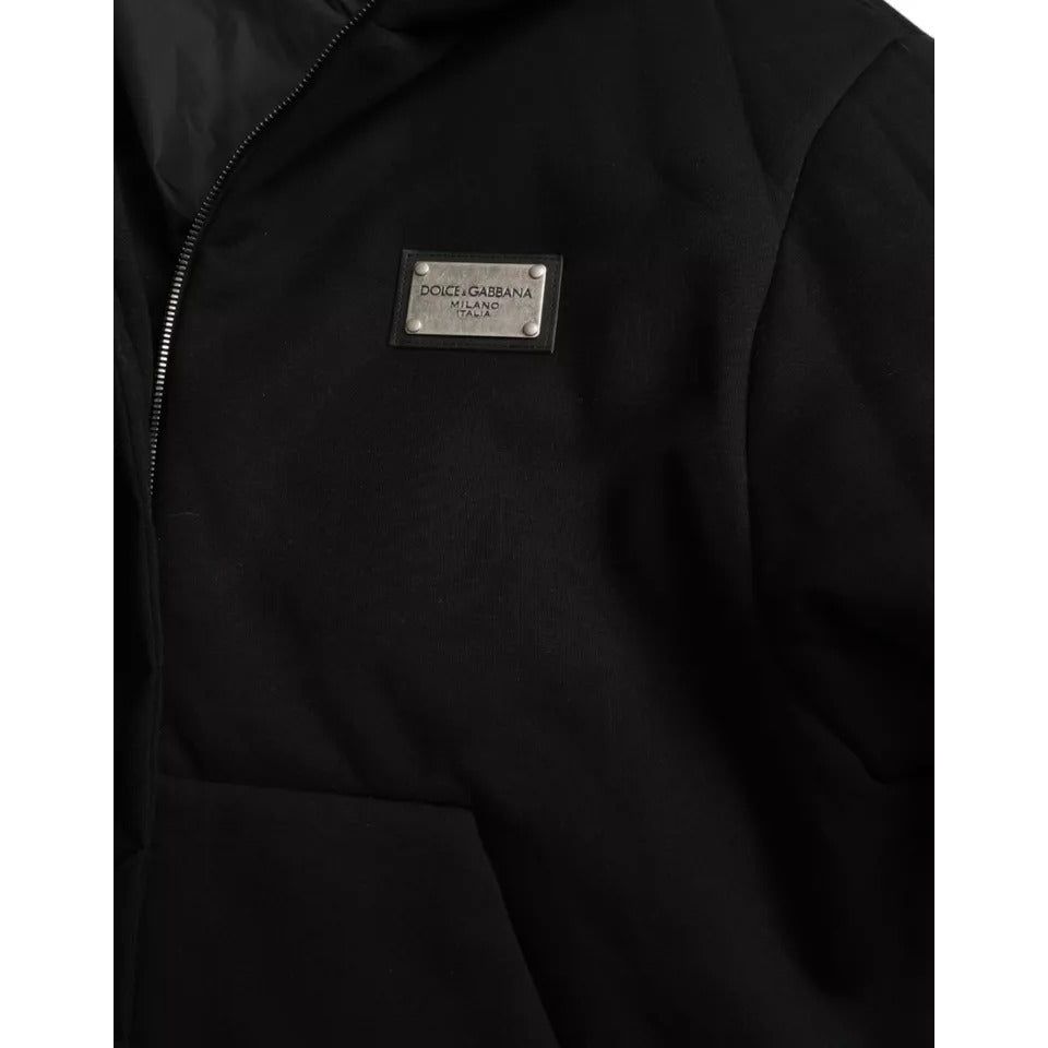 Black Cotton Hooded Logo Bomber Jacket