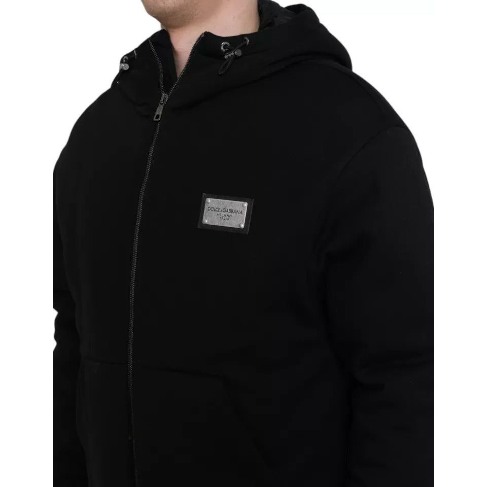 Black Cotton Hooded Logo Bomber Jacket