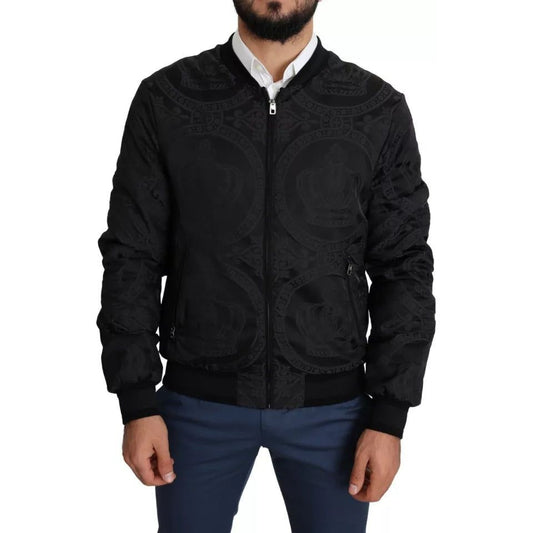 Black Nylon Crown Print Bomber Full Zip Jacket