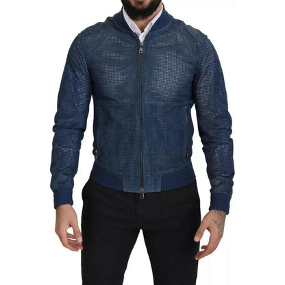 Dolce & Gabbana Blue Leather Perforated Full Zip Jacket