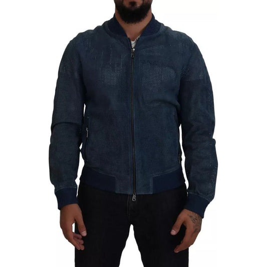 Blue Leather Perforated Full Zip Jacket