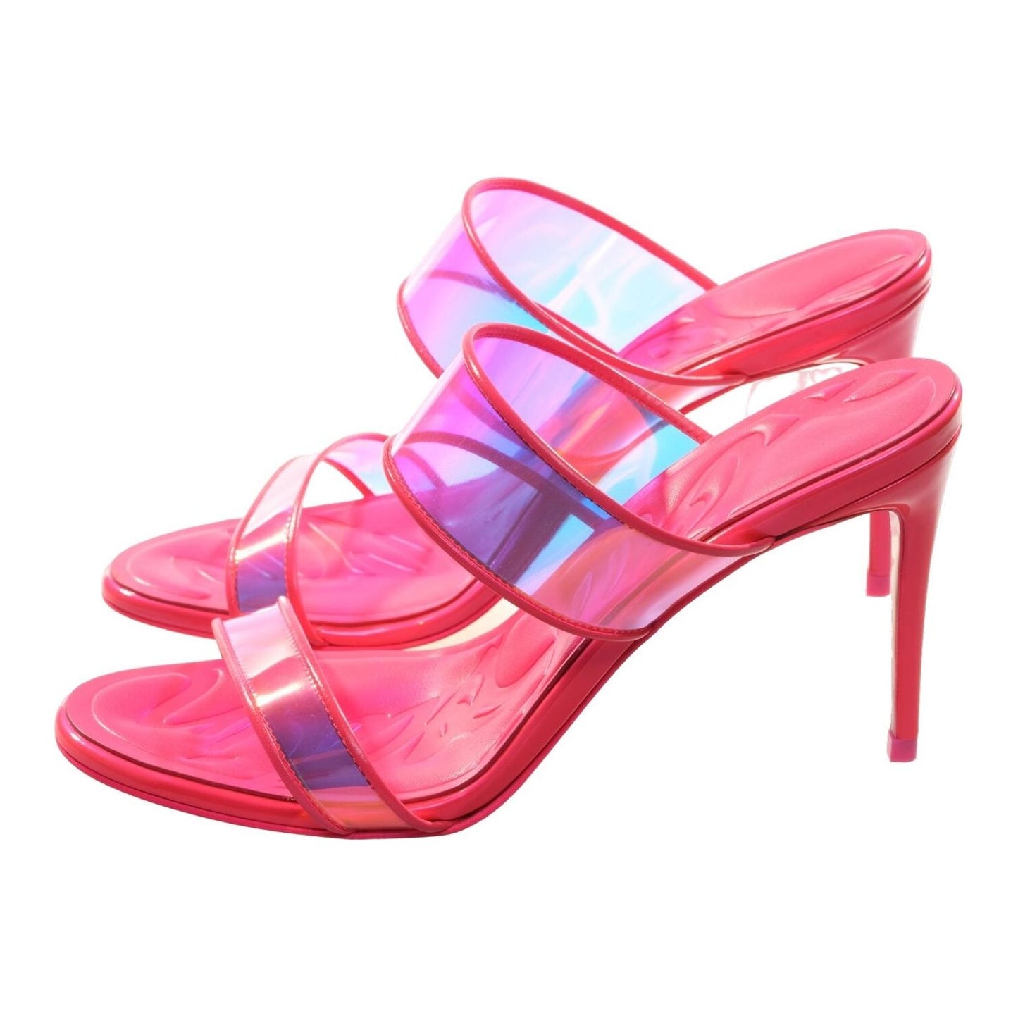 Just Loubi 85 Neon Fluoro Hot Pink Strappy High Heel Mules