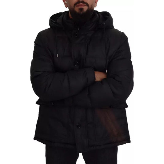 Black Polyester Hooded Parka Coat Winter Jacket