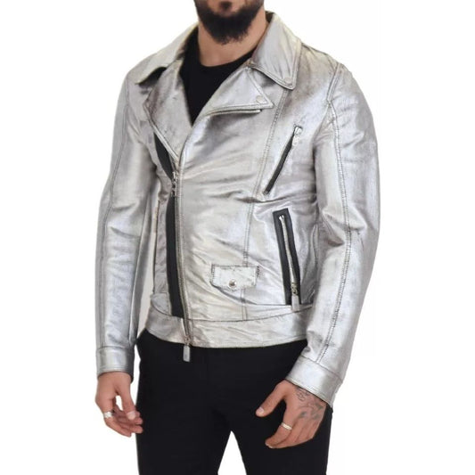 Silver Leather Biker Coat Lambskin Jacket