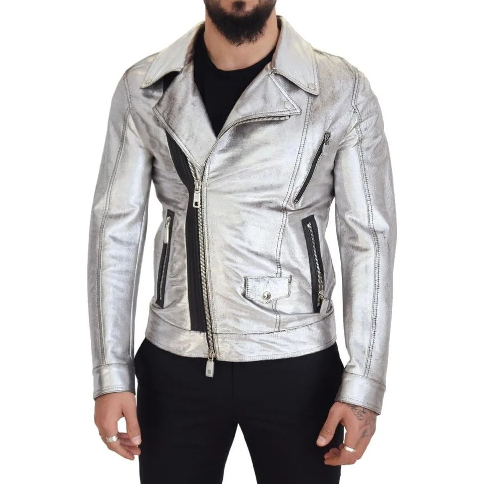 Silver Leather Biker Coat Lambskin Jacket