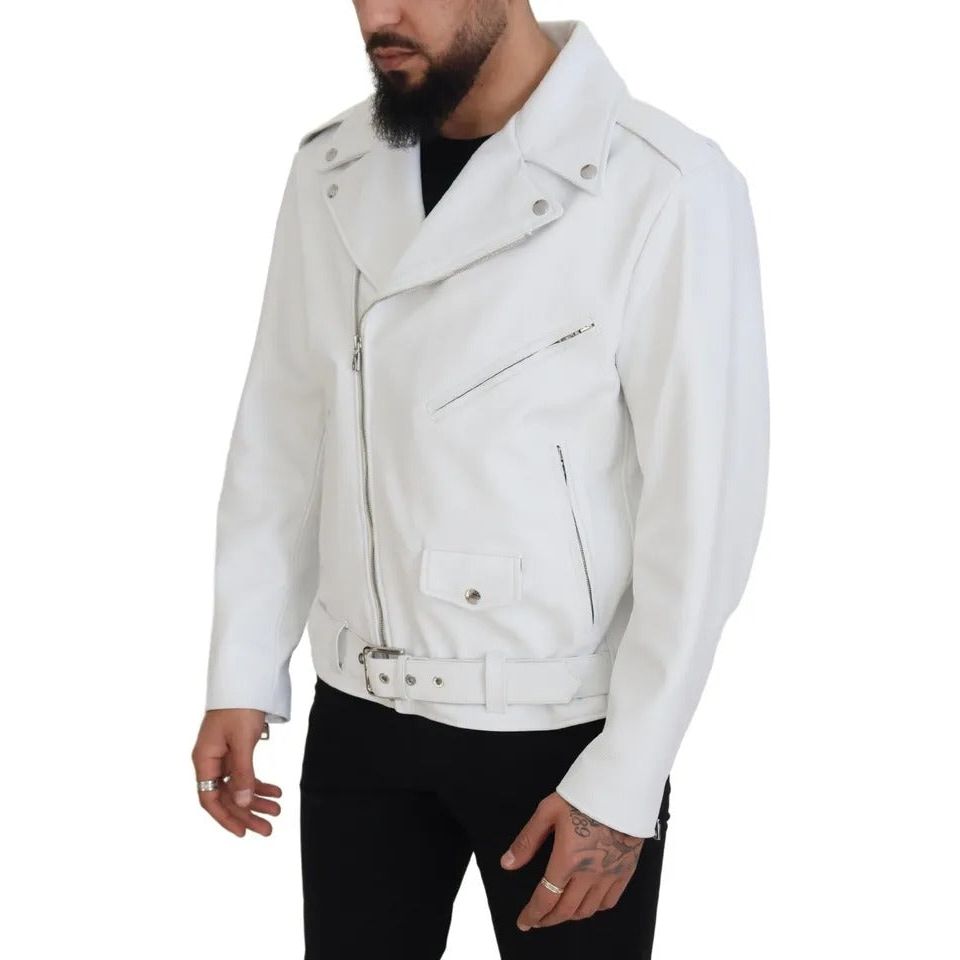 White Leather Biker Coat Zipper Jacket