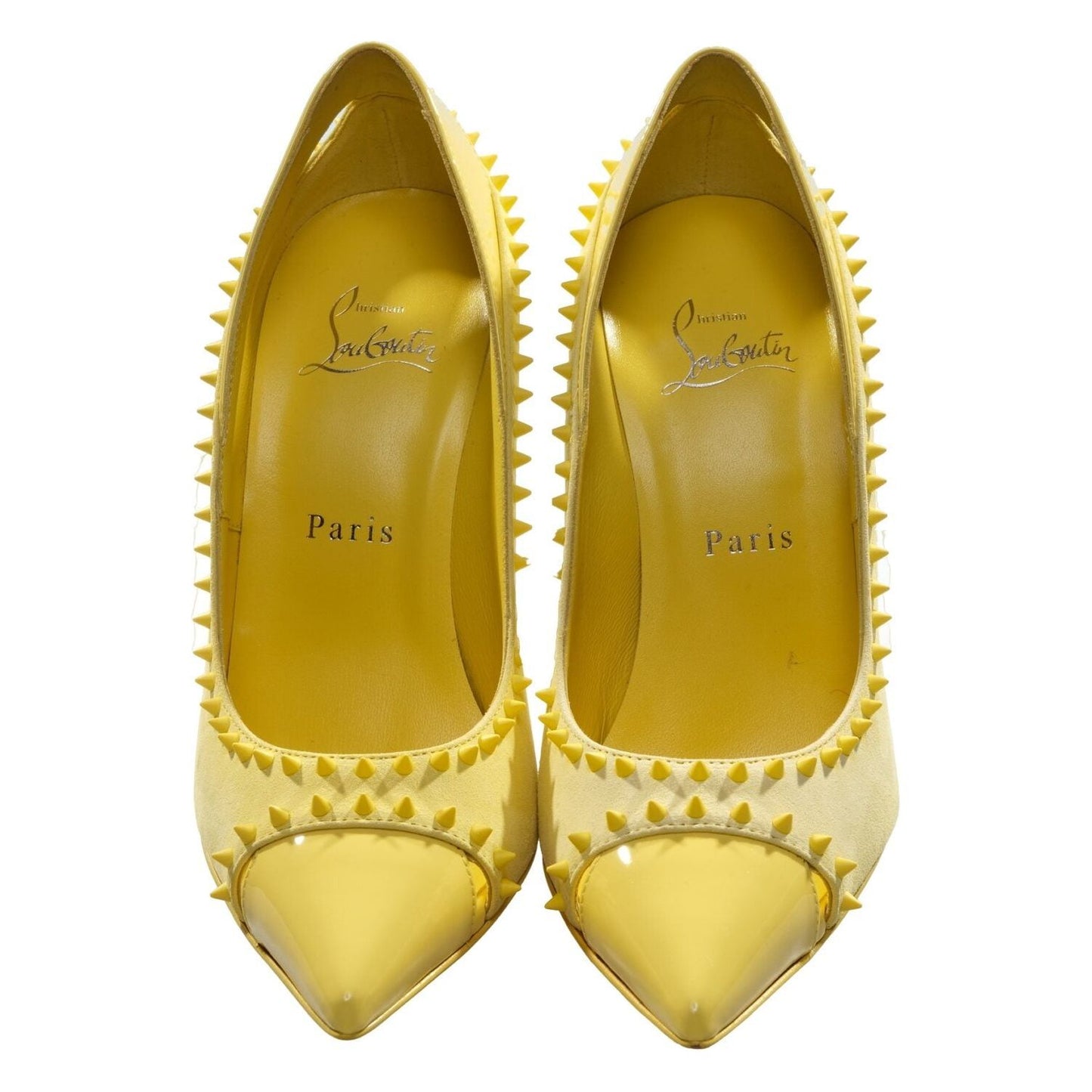 Duvette Spikes 100 Yellow Patent Leather and Suede Spike Studded Heels