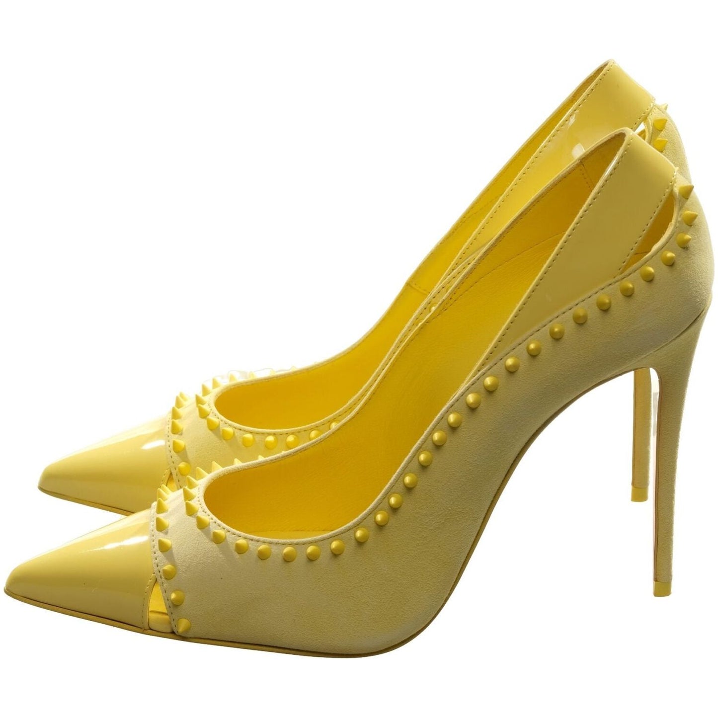 Duvette Spikes 100 Yellow Patent Leather and Suede Spike Studded Heels