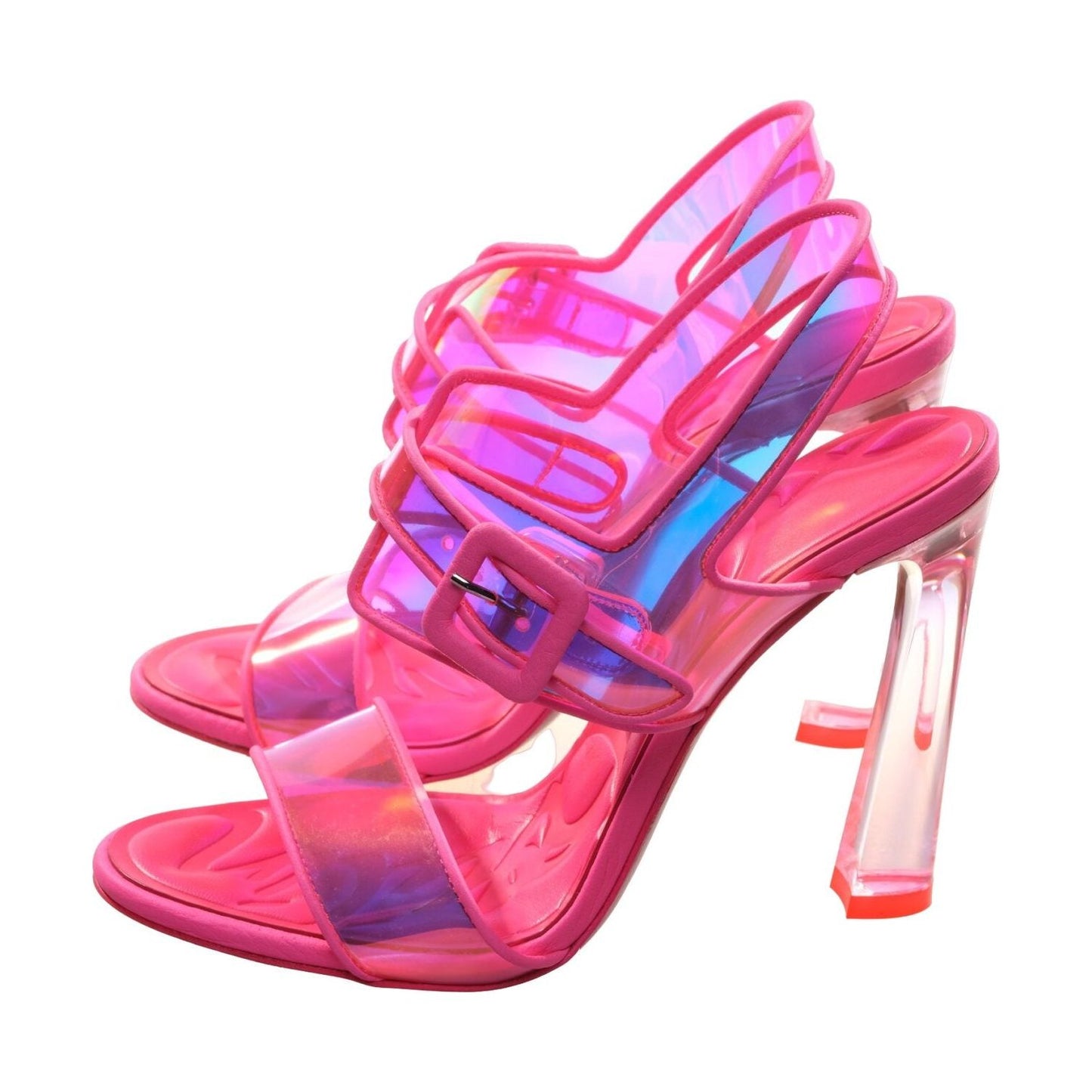 Loubi Duniss 100 Neon Fluoro Pink Strappy High Heels