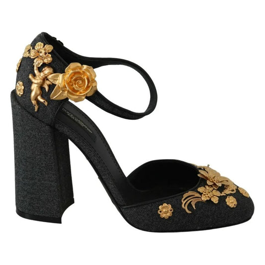 Dolce & Gabbana Black Floral Angel Applique Ankle Strap Pumps Shoes Dolce & Gabbana