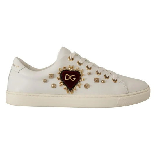 Dolce & Gabbana White Leather Gold Red Heart Sneakers Shoes Dolce & Gabbana
