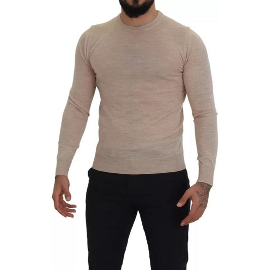 Beige Virgin Wool Crew Neck Pullover Sweater