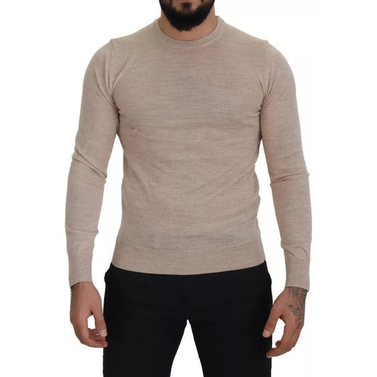 Beige Virgin Wool Crew Neck Pullover Sweater