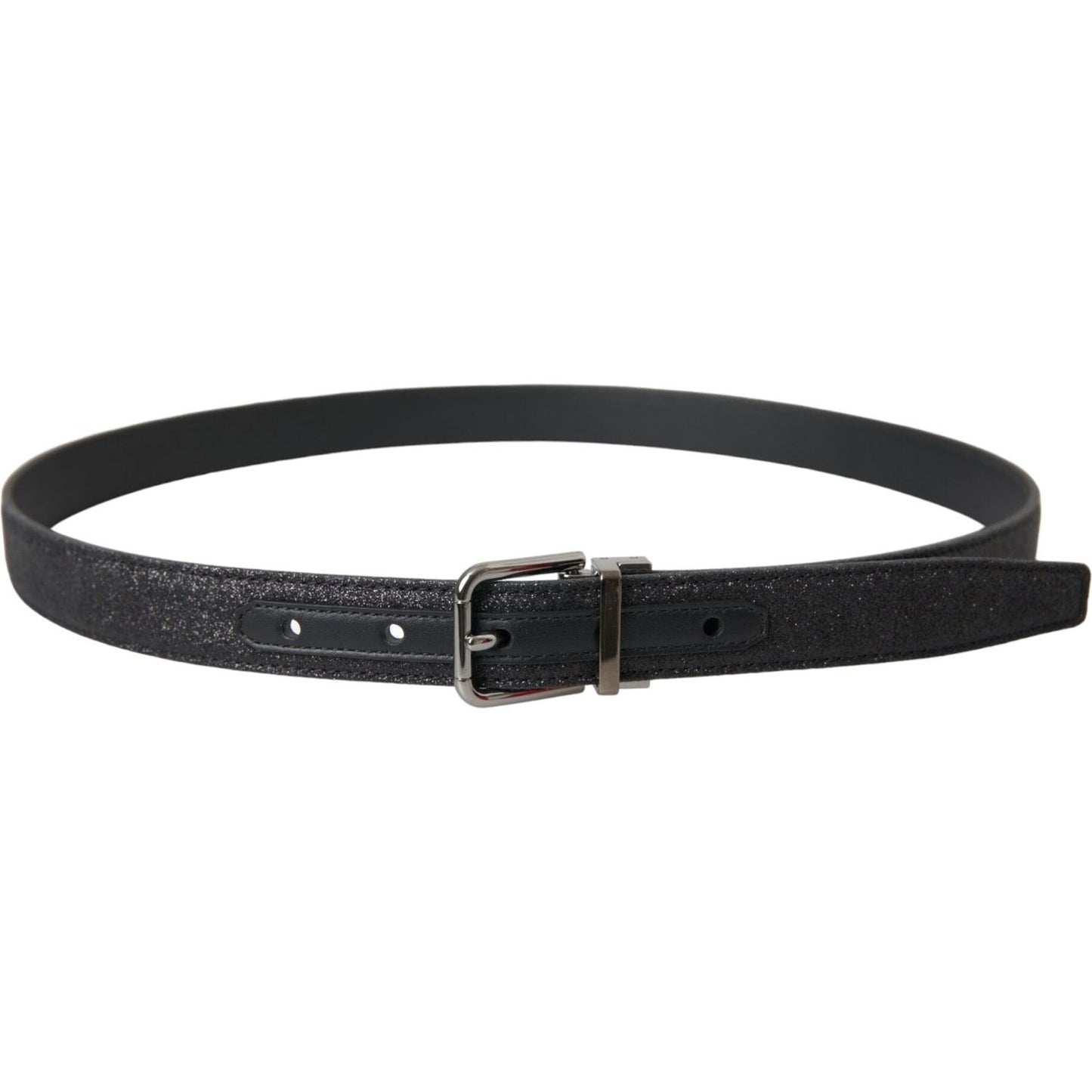 Dolce & Gabbana Black Glittered Leather Silver Buckle Belt
