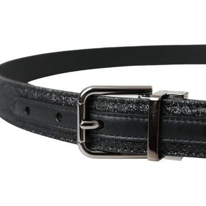 Dolce & Gabbana Black Glittered Leather Silver Buckle Belt